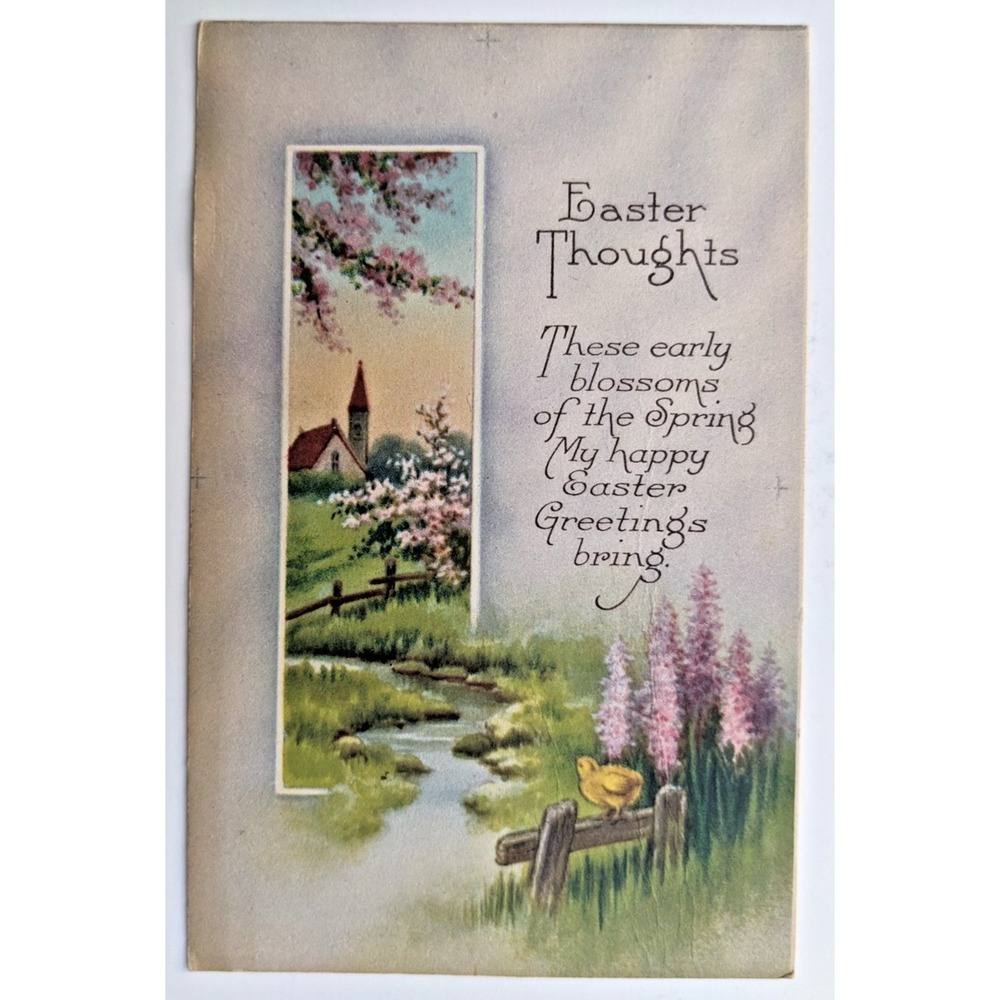 Antique Easter Postcard Lovely Spring Landscape‎ Church Flowers Chick on Fence